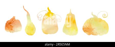 Vektorsatz von wasserfarbenen Silhouetten von Kürbissen isoliert aus dem Hintergrund. Lackspritzer für Logos und Symbole. Herbsternte. Stock Vektor