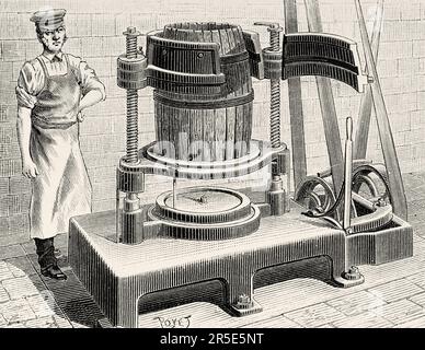 Holzfässer-Montagemaschine. Alte Gravur aus dem 19. Jahrhundert aus La Nature 1887 Stockfoto