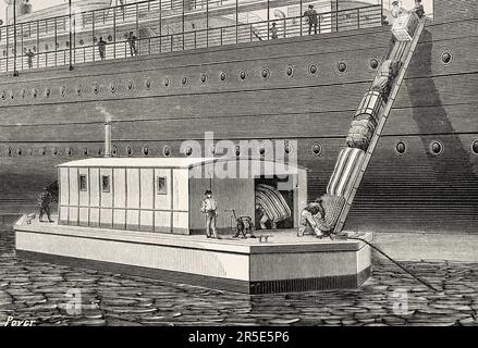 Druckdampfdesinfektionsschiff in Betrieb neben einem Schiff. Alte Gravur aus dem 19. Jahrhundert aus La Nature 1887 Stockfoto