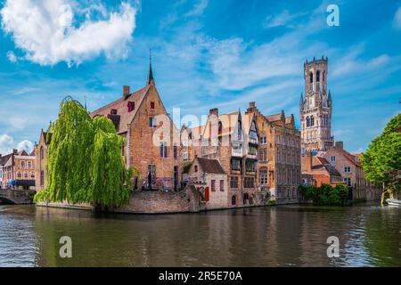 Historische Gebäude entlang eines Kanals und des Belfort-Turms in Brügge, Belgien Stockfoto