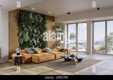 Grüne Wand im Haus. Vertikale Gartenarbeit Stockfoto