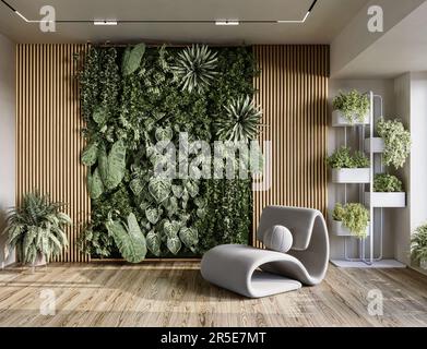 Grüne Wand im Haus. Vertikale Gartenarbeit Stockfoto