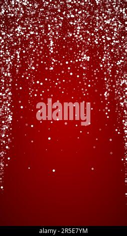Schneefall Overlay weihnachten Hintergrund. Subtile fliegende Schneeflocken und Sterne auf weihnachtlich rotem Hintergrund. Festlicher Schneefall-Overlay. Vertikaler Vektor-illuu Stock Vektor