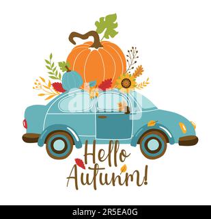 Vektor Herbstgrußkarte mit Auto und Kürbis, fallenden Blättern und Text Hallo Herbst . Stock Vektor