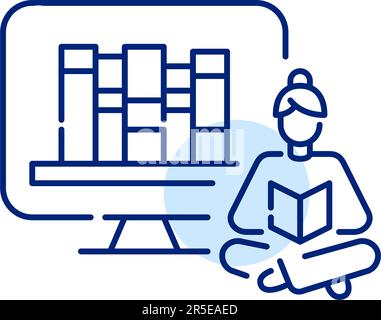 Elektronische Buchbibliothek. Ein Mädchen sitzt bequem mit überkreuzten Beinen und liest zu Hause ein Buch. Pixel Perfect, bearbeitbares Symbol Stock Vektor