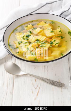 Die traditionelle Suppe, die ursprünglich aus Bologna zuppa imperiale Imperiale Suppe stammt, besteht aus weichen Käsewürfeln gebackener Frittata, die in scharfer Brühe serviert werden Stockfoto