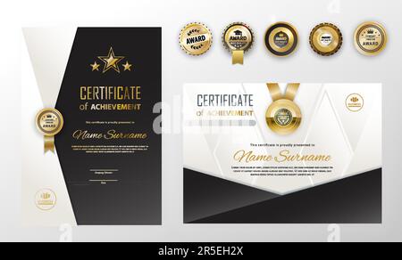 Zertifikat leer und goldene Sterne. Schwarze Verlaufsdreiecke auf weißem Hintergrund, Vektordarstellung Stock Vektor
