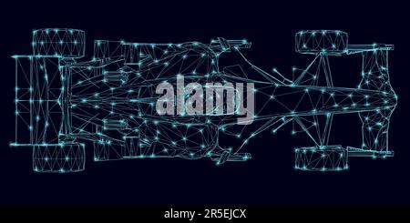 Drahtmodell des Rennwagens aus blauen Linien, isoliert auf dunklem Hintergrund mit leuchtenden Lichtern. Blick von oben. 3D. Vektordarstellung. Stock Vektor