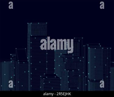 Umriss vieler Wolkenkratzer mit blauen Linien und leuchtenden Lichtern, isoliert auf dunklem Hintergrund. Vorderansicht. 3D. Vektordarstellung. Stock Vektor
