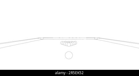 Kontur des Billardtisches mit Kugeln aus schwarzen Linien auf weißem Hintergrund. Vorderansicht. 3D. Vektordarstellung. Stock Vektor