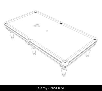 Kontur des Billardtisches mit Kugeln aus schwarzen Linien auf weißem Hintergrund. Isometrische Ansicht. 3D. Vektordarstellung. Stock Vektor