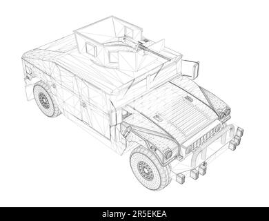 Drahtmodell eines Kampfjeeps mit Waffen aus schwarzen Linien, isoliert auf weißem Hintergrund. Isometrische Ansicht. 3D. Vektordarstellung. Stock Vektor