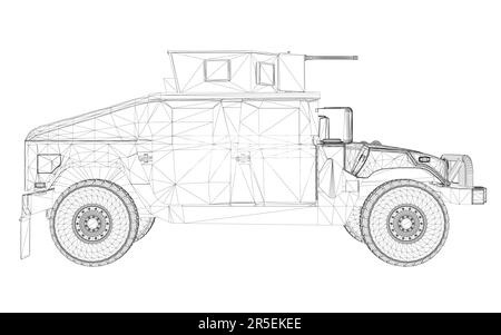 Drahtmodell eines Kampfjeeps mit Waffen aus schwarzen Linien, isoliert auf weißem Hintergrund. Seitenansicht. 3D. Vektordarstellung. Stock Vektor