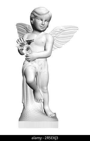 Polygonales Modell eines Babyengels mit Flügeln und Blumen in den Händen isoliert auf weißem Hintergrund. 3D. Vektordarstellung. Stock Vektor