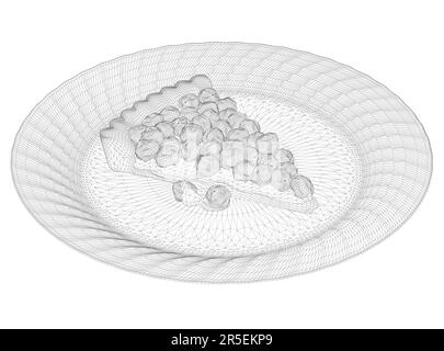 Drahtmodell eines Stücks Kuchen mit Beeren auf einem Teller aus schwarzen Linien, isoliert auf weißem Hintergrund. Isometrische Ansicht. 3D. Vektordarstellung. Stock Vektor