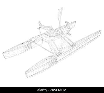 Drahtmodell eines Katamorans mit Pedalen aus schwarzen Linien, isoliert auf weißem Hintergrund. Isometrische Ansicht. 3D. Vektordarstellung. Stock Vektor