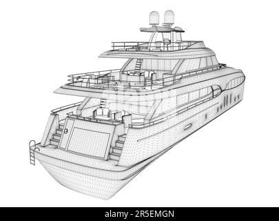 Drahtmodell einer großen Luxusyacht aus schwarzen Linien isoliert auf weißem Hintergrund. Rückansicht. 3D. Vektordarstellung. Stock Vektor