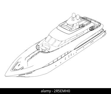 Umriss einer großen Luxusyacht von schwarzen Linien isoliert auf weißem Hintergrund. Isometrische Ansicht. 3D. Vektordarstellung. Stock Vektor