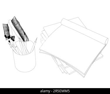 Kontur eines Glases mit Bürsten, Bleistiften und Papier aus schwarzen Linien, isoliert auf weißem Hintergrund. Isometrische Ansicht. 3D. Vektordarstellung. Stock Vektor