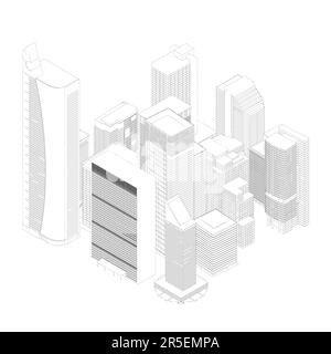 Der Umriss vieler mehrstöckiger Gebäude mit schwarzen Linien, isoliert auf weißem Hintergrund. Umriss des Stadtviertels. Isometrische Ansicht. 3D. Vektor il Stock Vektor