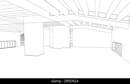 Umriss eines großen Hangars aus schwarzen Linien auf weißem Hintergrund. Vektordarstellung. Stock Vektor