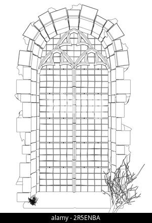 Umriss eines alten Tempelfensters mit schwarzen Linien, isoliert auf weißem Hintergrund. Vorderansicht. 3D. Vektordarstellung. Stock Vektor