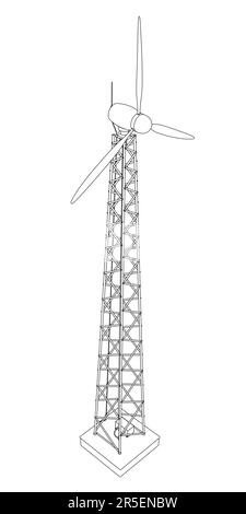 Umriss eines Windturms aus schwarzen Linien, isoliert auf weißem Hintergrund. Isometrische Ansicht. 3D. Vektordarstellung. Stock Vektor