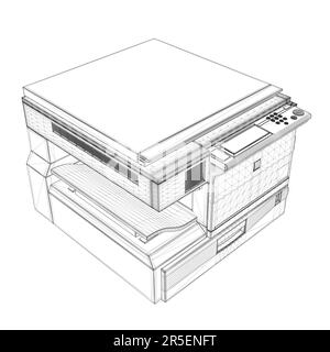 Drahtdarstellung des Bürokopierers mit schwarzen Linien auf weißem Hintergrund. Isometrische Ansicht. 3D. Vektordarstellung. Stock Vektor