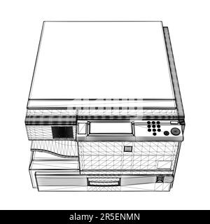 Drahtdarstellung des Bürokopierers mit schwarzen Linien auf weißem Hintergrund. Vorderansicht. 3D. Vektordarstellung. Stock Vektor
