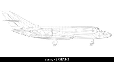 Drahtdarstellung von Passagierflugzeugen aus schwarzen Linien, isoliert auf weißem Hintergrund. Seitenansicht. 3D. Vektordarstellung. Stock Vektor