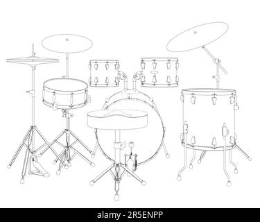 Umriss eines Trommelmusiksets aus schwarzen, auf weißem Hintergrund isolierten Linien. Rückansicht. 3D. Vektordarstellung. Stock Vektor