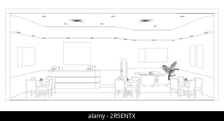 Die Kontur des Cafégeländes mit Tischen und Empfang aus schwarzen Linien, isoliert auf weißem Hintergrund. Vorderansicht. 3D. Vektordarstellung. Stock Vektor