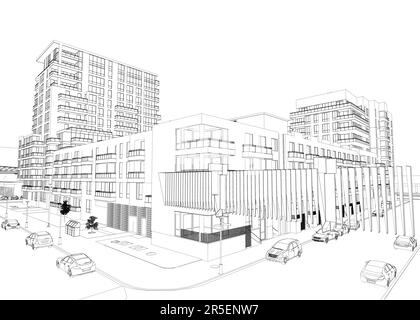 Umriss der Stadt mit Häusern, Straßen und Autos von schwarzen Linien isoliert auf weißem Hintergrund. Perspektivische Ansicht. 3D. Vektordarstellung. Stock Vektor