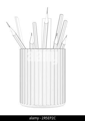Umriss von Bleistiften und Linealen in einem Glas aus schwarzen Linien auf weißem Hintergrund. Vorderansicht. 3D. Vektordarstellung. Stock Vektor