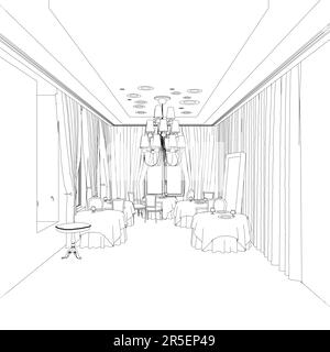 Umriss der Inneneinrichtung des Restaurants mit Tischdecken im Retro-Stil mit schwarzen Linien auf weißem Hintergrund. 3D. Vektordarstellung. Stock Vektor
