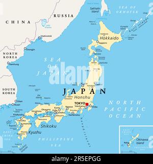 Politische Landkarte Japans. Hauptinseln Honshu, Hokkaido, Kyushu, Shikoku und Okinawa. Ostasiatisches Inselland im Nordpazifik. Stockfoto