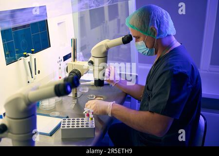 Der Embryologe untersucht Nabelschnurblut unter dem Mikroskop Stockfoto