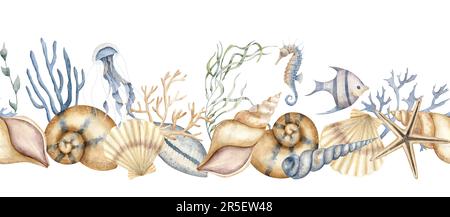 Seashell nahtloser Rand. Handgezeichnete Aquarelldarstellung des Muschelschmuschels auf weißem isoliertem Hintergrund. Zeichnung eines Unterwasserrahmens mit Korallen und Seetang. Unterwassermuster für Banner. Stockfoto