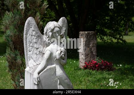 Weißer Engel aus Stein auf dem Friedhof, Gräber in grüner Natur, nachdenkliche Stimmung, Trauerkonzept. Stockfoto