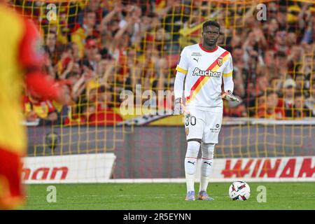 Torwart Brice Samba (30) von RC Lens, das während eines Fußballspiels zwischen dem Rennclub de Lens und dem AC Ajaccio am 37. Spieltag der Ligue 1 Uber Eats Saison 2022-2023 am Sonntag, den 27. Mai 2023 in Lens, Frankreich, abgebildet wurde. FOTO SPORTPIX | David Catry Stockfoto
