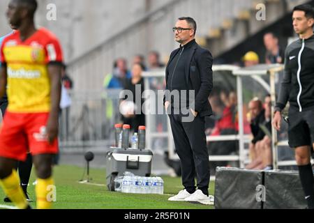 Linse, Frankreich. 27. Mai 2023. Cheftrainer Franck Haise von RC Lens, das während eines Fußballspiels zwischen T Racing Club de Lens und AC Ajaccio am 37. Spieltag der Ligue 1 Uber Eats Saison 2022-2023 am Sonntag, den 27. Mai 2023 in Lens, Frankreich, gezeigt wurde. Kredit: Sportpix/Alamy Live News Stockfoto