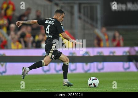 Linse, Frankreich. 27. Mai 2023. Michael Barreto (4) von Ajaccio, das während eines Fußballspiels zwischen dem Racing Club de Lens und dem AC Ajaccio am 37. Spieltag der Ligue 1 Uber Eats Saison 2022-2023 am Sonntag, den 27. Mai 2023 in Lens, Frankreich, gezeigt wurde. Kredit: Sportpix/Alamy Live News Stockfoto