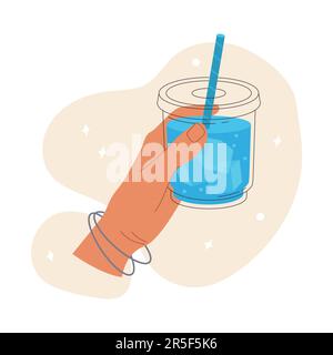 Die Hand hält einen erfrischenden Eistee in Plastikglas Stock Vektor