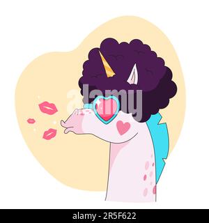 Lustige Einhorn-Cartoon-Figur mit Retro-Perücke-Sticker Stock Vektor