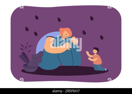 Müde Cartoon-Mutter, die auf dem Boden sitzt und das Baby ignoriert Stock Vektor