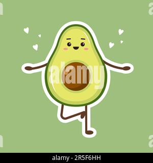 Süßer Kawaii-Avocado-Aufkleber. Doodle Fruit auf grünem Hintergrund. Moderne Einrichtung für Notizbuch oder Tagebuch. Handgezeichnete Vektordarstellung in einem flachen Cartoon Stock Vektor