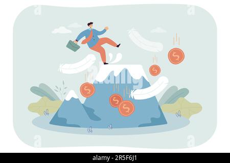 Ein Geschäftsmann, der einen Fehler macht, vom Gipfel des Berges fällt Stock Vektor