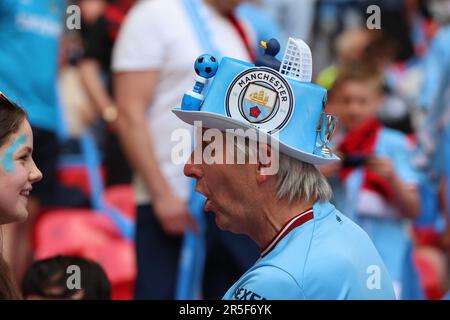 London, Großbritannien. 03. Juni 2023. Man City Fan während des Emirates FA Cup-Finales zwischen Manchester City und Manchester United im Wembley Stadium, London, am 03. Juni 2023 Gutschrift: Action Foto Sport/Alamy Live News Stockfoto