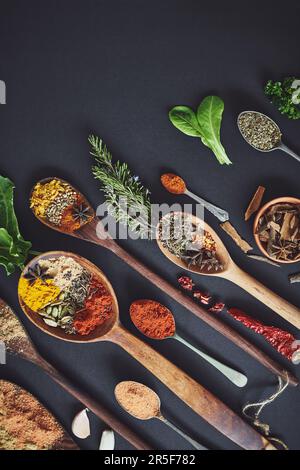 Sie haben unbegrenzte Möglichkeiten in Ihrer Küche. Eine Auswahl an Gewürzen. Stockfoto