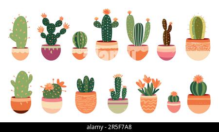 Kaktus-Set für den Innenbereich. Flacher Cartoon-Style auf weißem Hintergrund. Stock Vektor